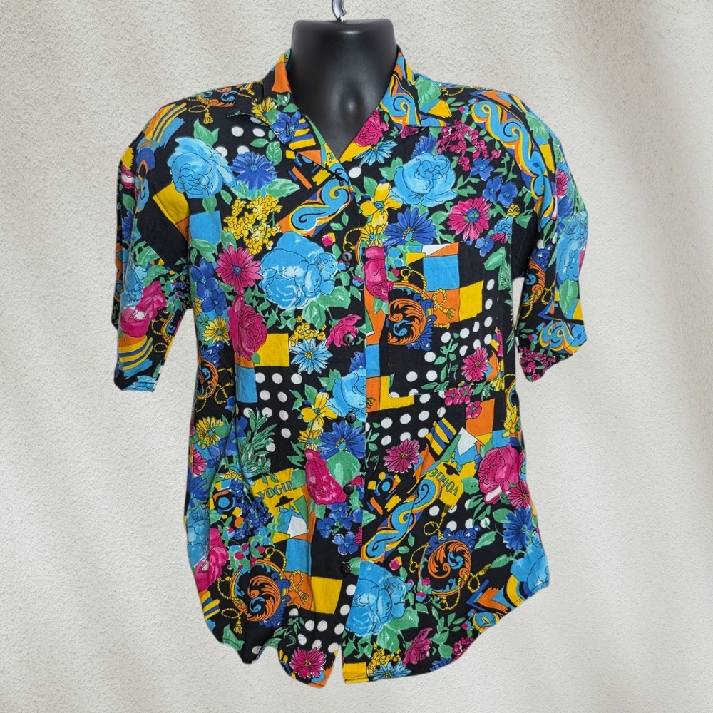 VTG 80s Graphic Flower Vogue Print Button Up, sz Large